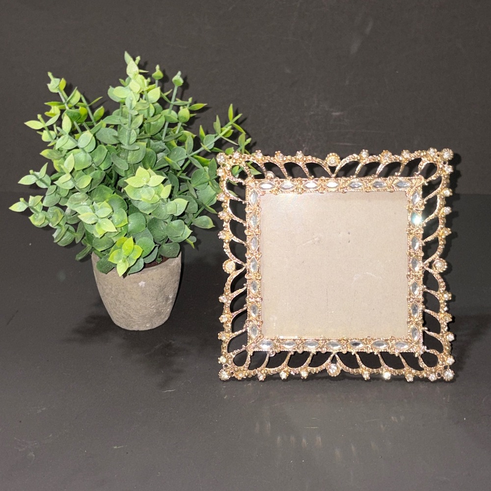 Gold Ornate Rhinestone Filigree Square Picture Frame 3x3 Tabletop Decor Regency